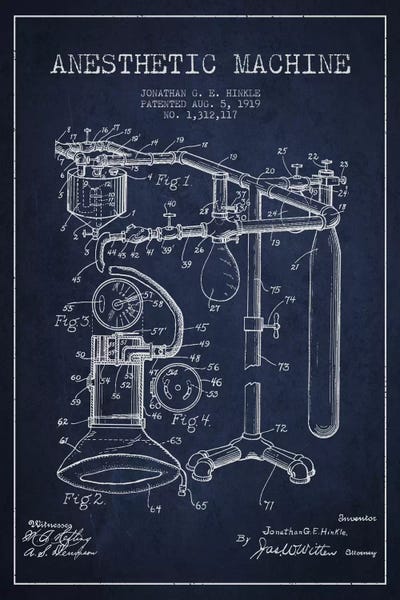 Anesthetic Machine Navy Blue Patent Blueprint by Aged Pixel framed canvas print