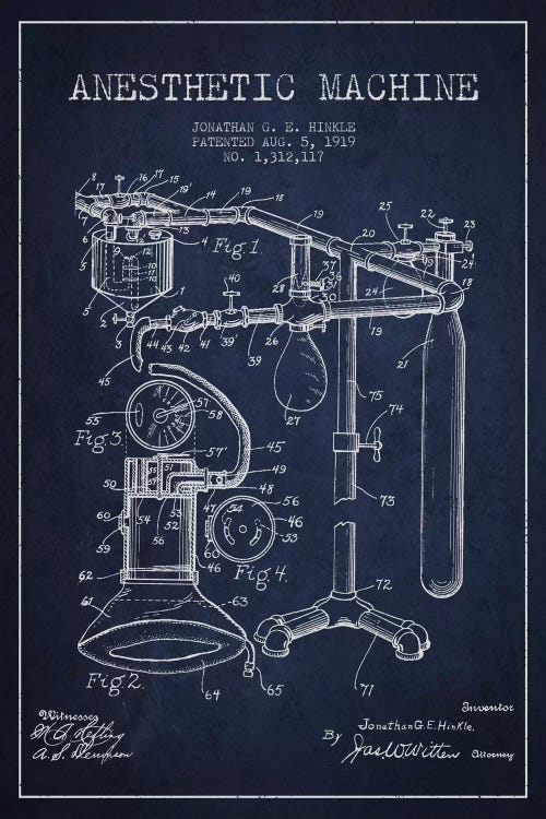 Anesthetic Machine Navy Blue Patent Blueprint by Aged Pixel wall art