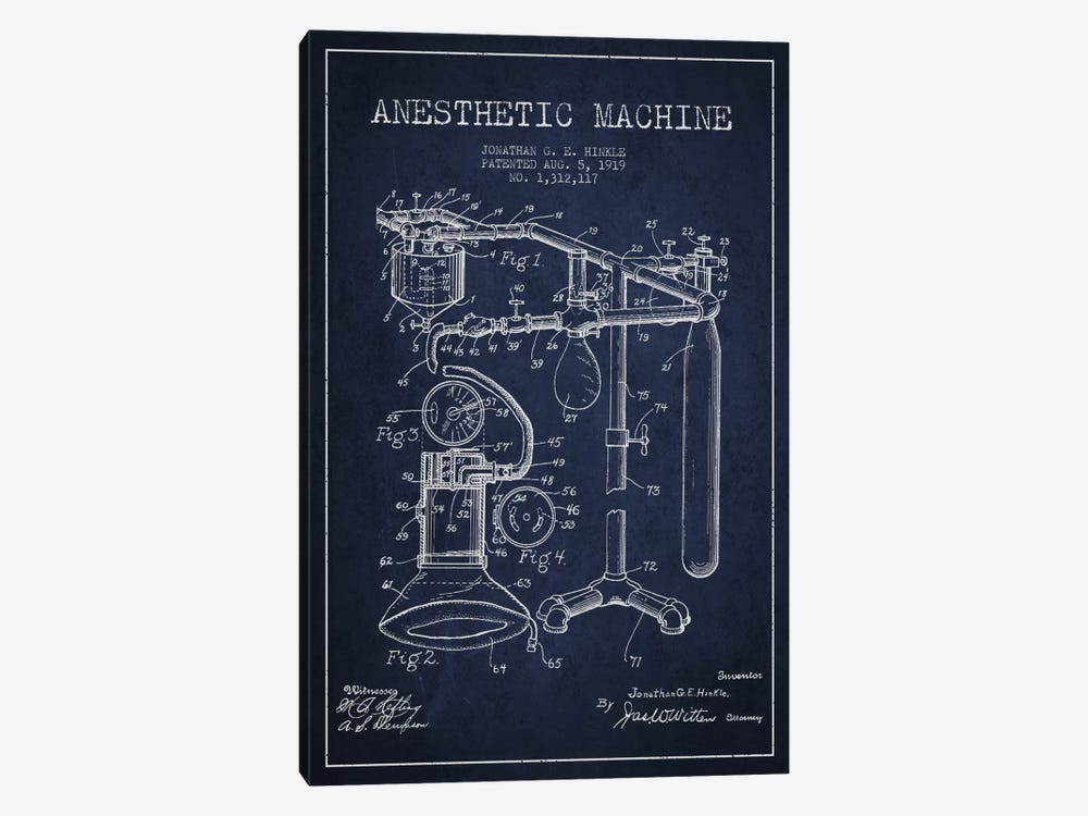 Anesthetic Machine Navy Blue Patent Blueprint by Aged Pixel 1-piece Canvas Wall Art