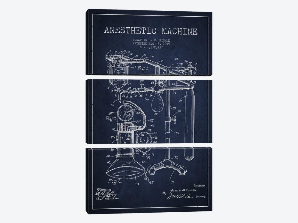 Anesthetic Machine Navy Blue Patent Blueprint 3-piece Canvas Art