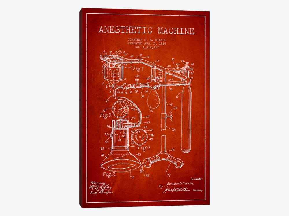 Anesthetic Machine Red Patent Blueprint by Aged Pixel 1-piece Canvas Art Print