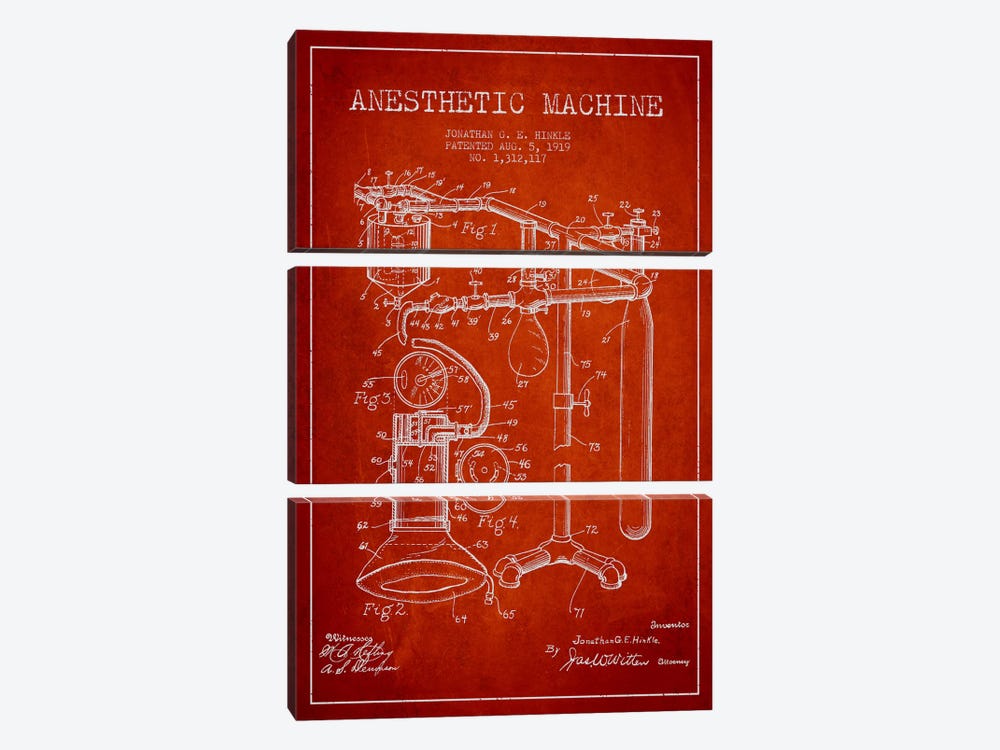 Anesthetic Machine Red Patent Blueprint by Aged Pixel 3-piece Canvas Print