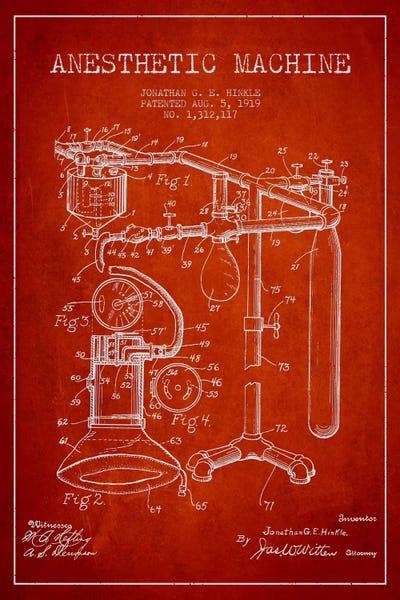Medical & Dental Blueprints: Anesthetic Machine Red Patent Blueprint by Aged Pixel