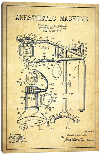 Anesthetic Machine Vintage Patent Blueprint Canvas Art Print - Aged Pixel: Medical & Dental