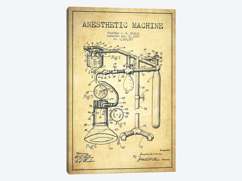 Anesthetic Machine Vintage Patent Blueprint by Aged Pixel 1-piece Canvas Artwork