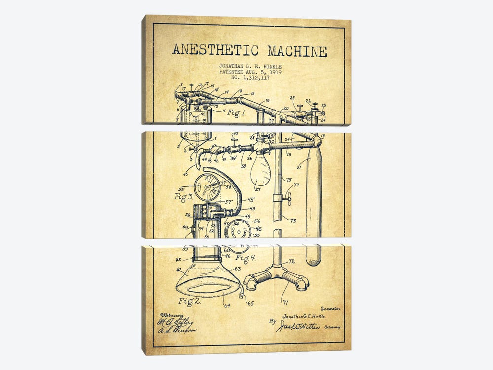 Anesthetic Machine Vintage Patent Blueprint by Aged Pixel 3-piece Canvas Wall Art