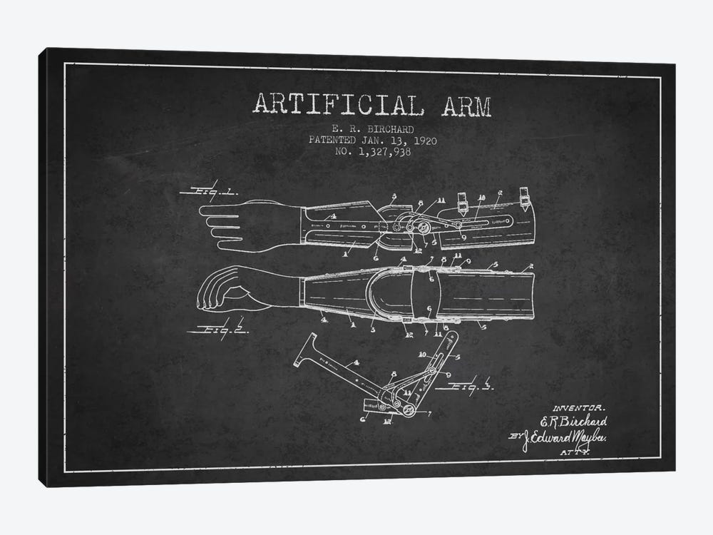 Artificial Arm Charcoal Patent Blueprint by Aged Pixel 1-piece Canvas Art Print