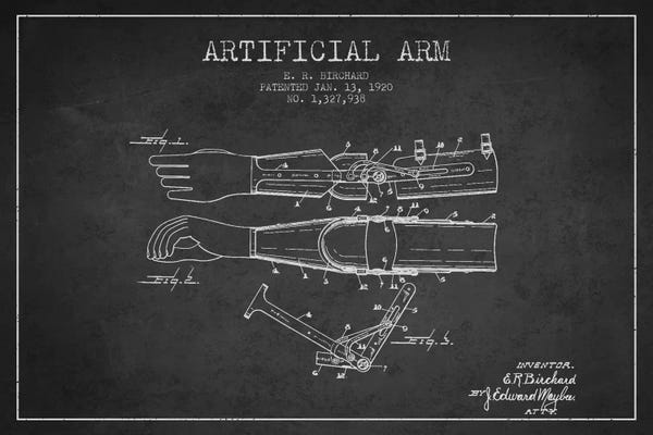 Medical & Dental Blueprints: Artificial Arm Charcoal Patent Blueprint by Aged Pixel