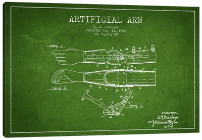 Artificial Arm Green Patent Blueprint Canvas Art Print - Medical & Dental Blueprints