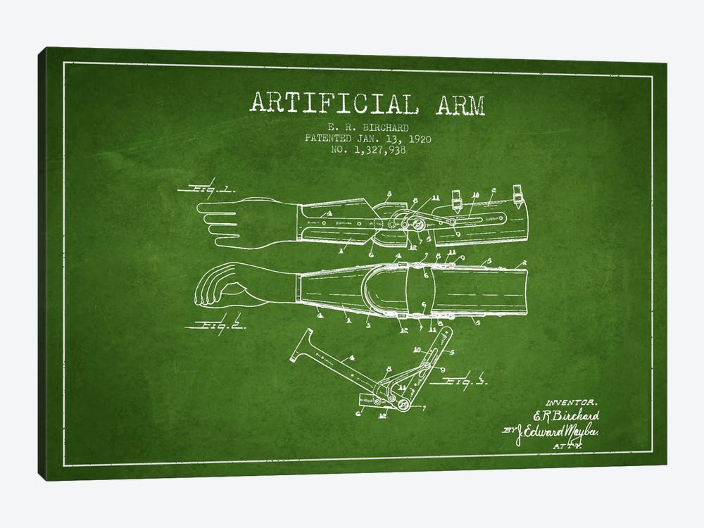 Artificial Arm Green Patent Blueprint by Aged Pixel 1-piece Canvas Artwork