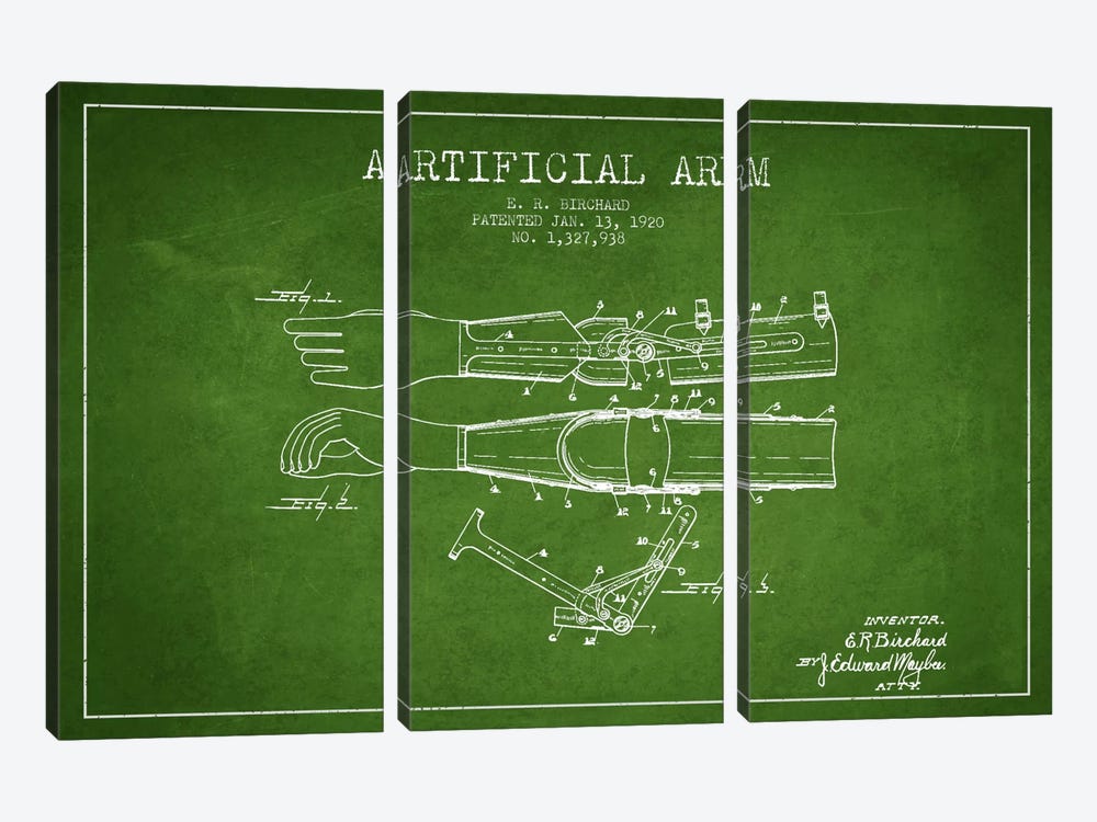Artificial Arm Green Patent Blueprint by Aged Pixel 3-piece Canvas Wall Art