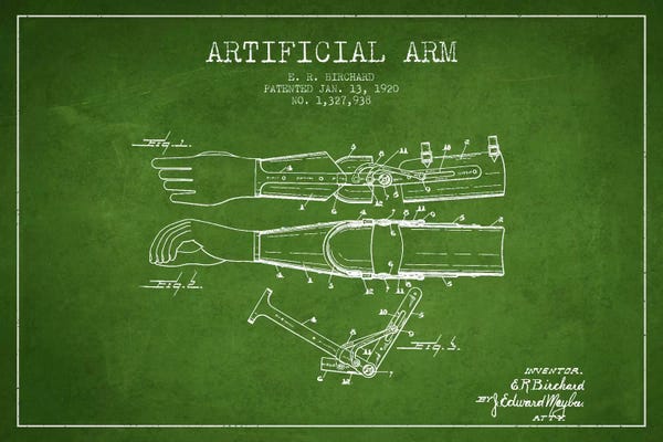 Medical & Dental Blueprints: Artificial Arm Green Patent Blueprint by Aged Pixel