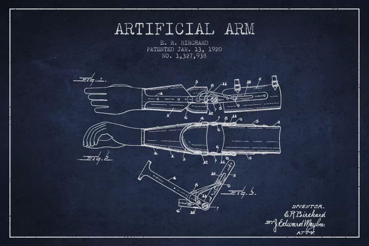 Artificial Arm Navy Blue Patent Blueprint by Aged Pixel wall art