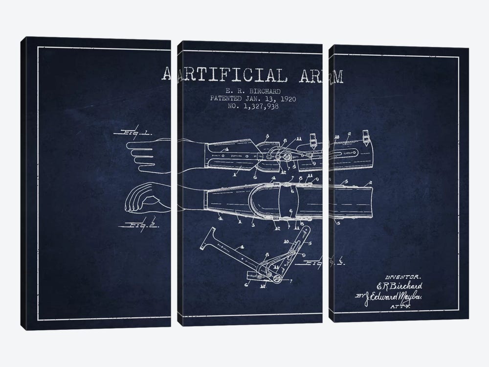 Artificial Arm Navy Blue Patent Blueprint by Aged Pixel 3-piece Art Print