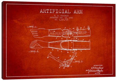 Artificial Arm Red Patent Blueprint Canvas Art Print - Medical & Dental Blueprints