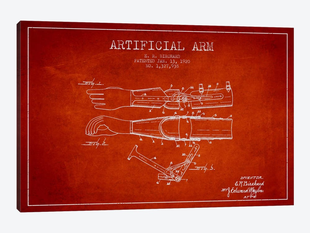 Artificial Arm Red Patent Blueprint by Aged Pixel 1-piece Canvas Wall Art