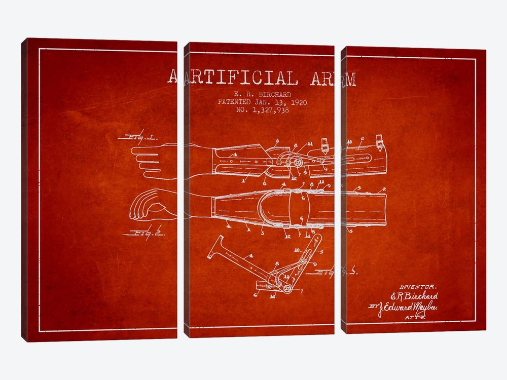 Artificial Arm Red Patent Blueprint by Aged Pixel 3-piece Canvas Artwork