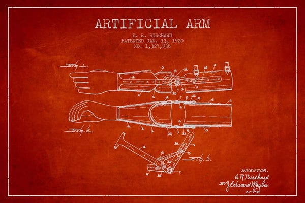 Medical & Dental Blueprints: Artificial Arm Red Patent Blueprint by Aged Pixel