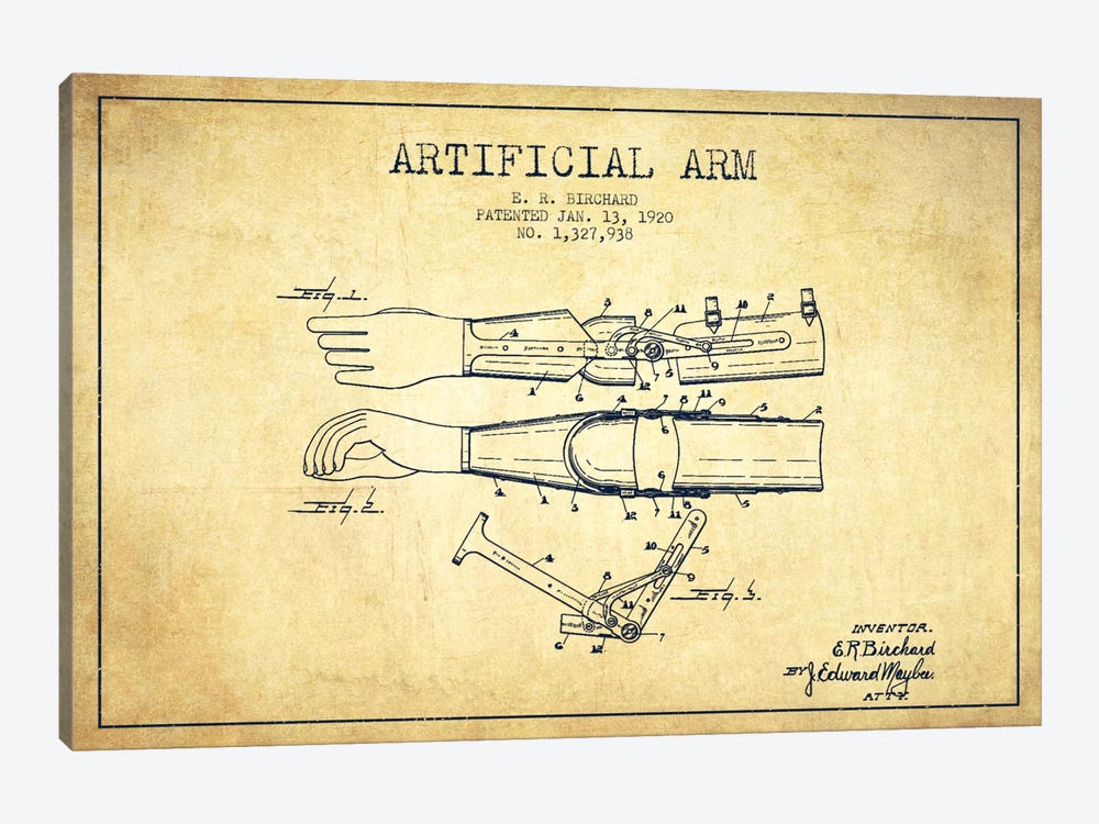 Artificial Arm Vintage Patent Blueprint 1-piece Canvas Print