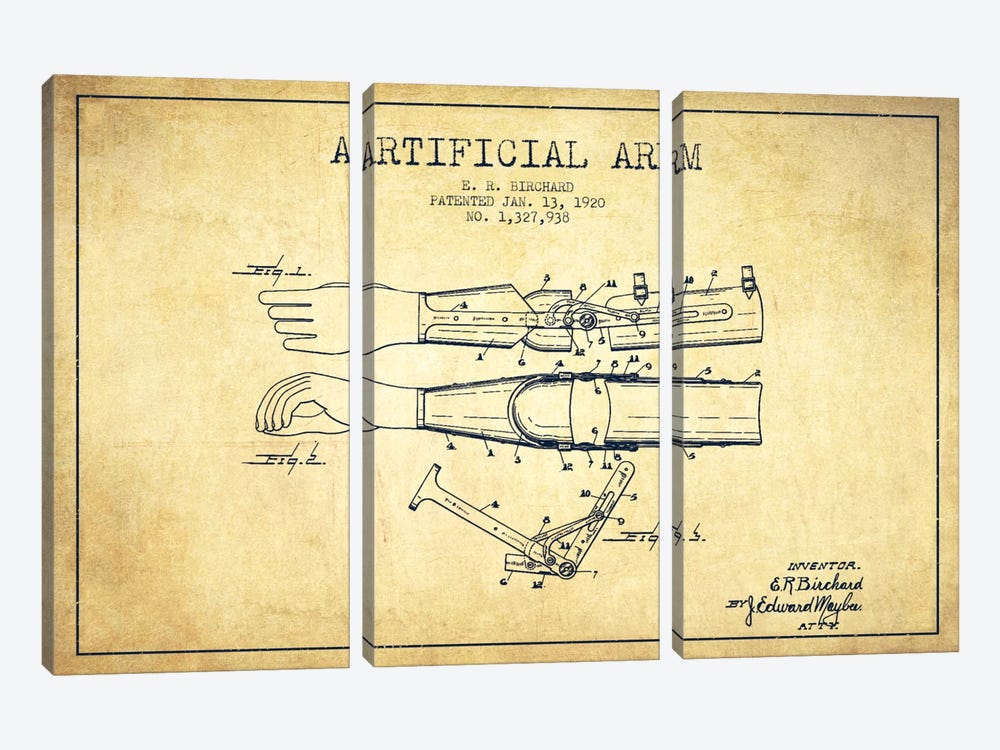 Artificial Arm Vintage Patent Blueprint by Aged Pixel 3-piece Canvas Print