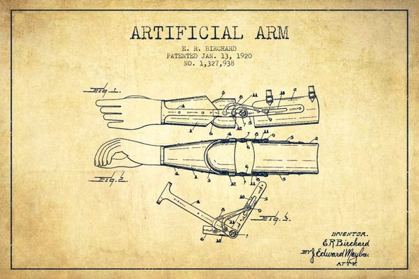 Medical & Dental Blueprints: Artificial Arm Vintage Patent Blueprint by Aged Pixel