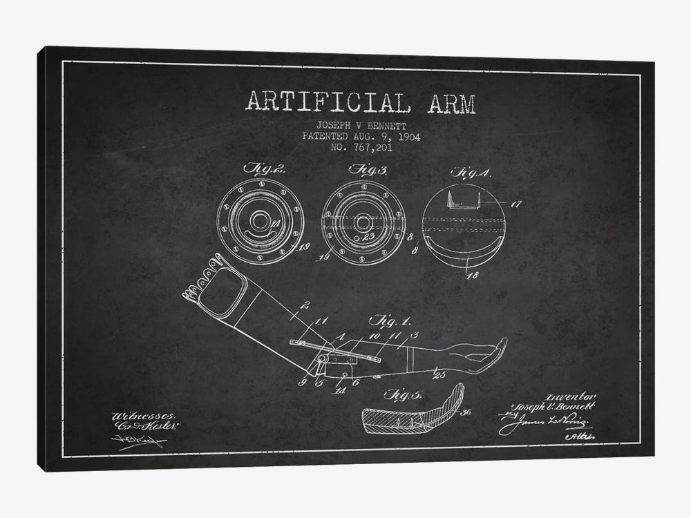 Artificial Arm Charcoal Patent Blueprint by Aged Pixel 1-piece Canvas Wall Art
