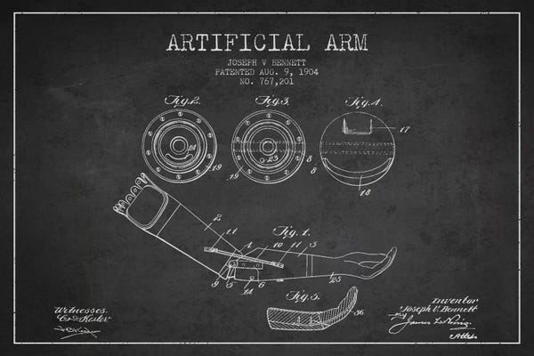 Aged Pixel: Artificial Arm Charcoal Patent Blueprint by Aged Pixel