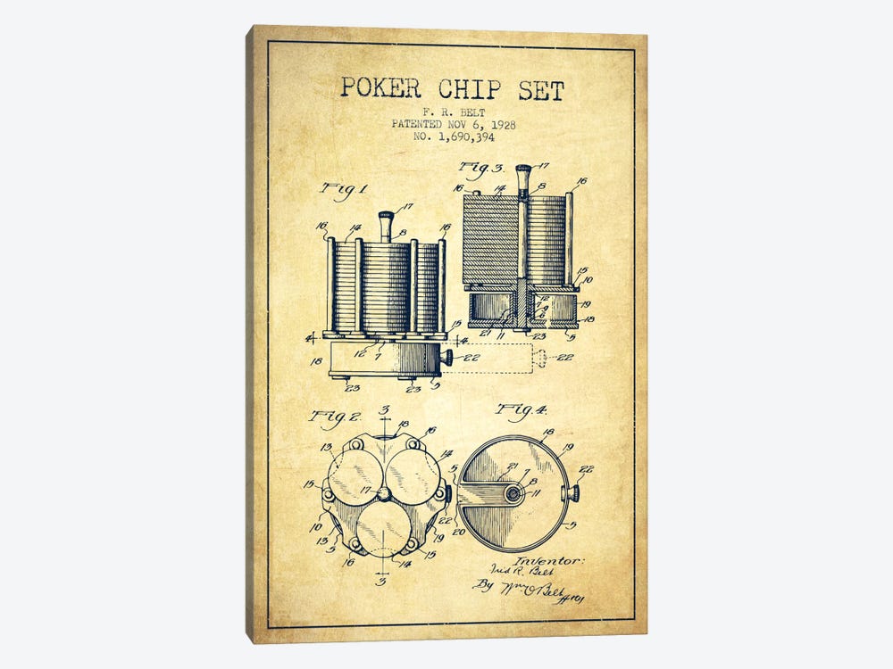 Poker Chips 1 Vintage Patent Blueprint by Aged Pixel 1-piece Canvas Art