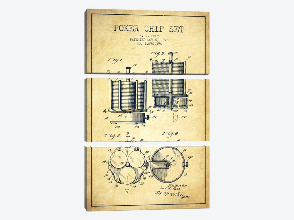 Poker Chips 1 Vintage Patent Blueprint by Aged Pixel 3-piece Canvas Wall Art