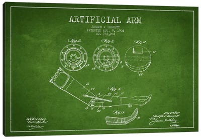 Artificial Arm Green Patent Blueprint Canvas Art Print - Medical & Dental Blueprints