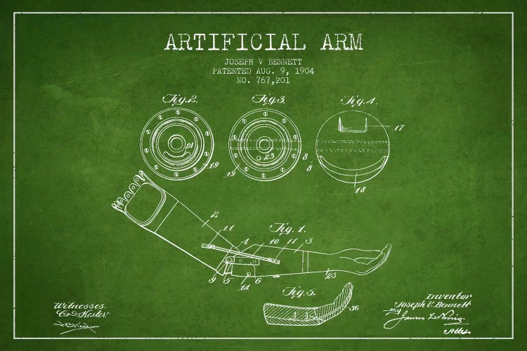 Artificial Arm Green Patent Blueprint by Aged Pixel wall art