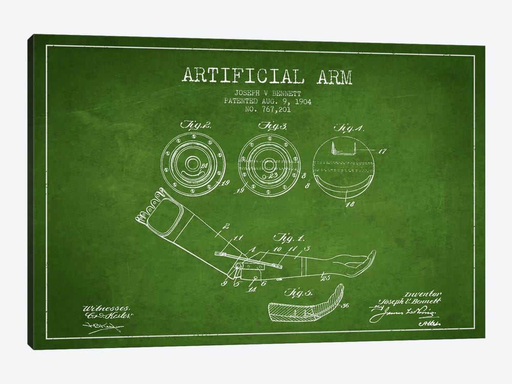 Artificial Arm Green Patent Blueprint by Aged Pixel 1-piece Canvas Wall Art
