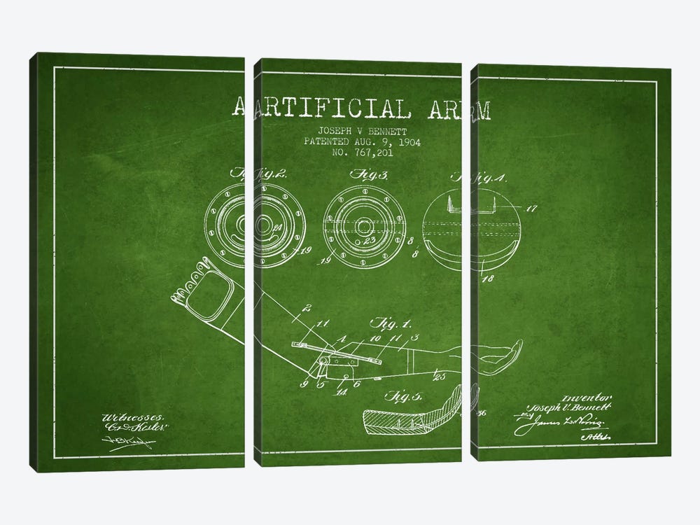 Artificial Arm Green Patent Blueprint by Aged Pixel 3-piece Canvas Art