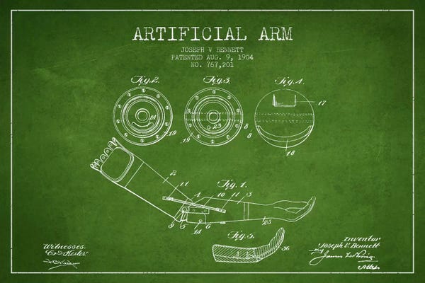 Medical & Dental Blueprints: Artificial Arm Green Patent Blueprint by Aged Pixel