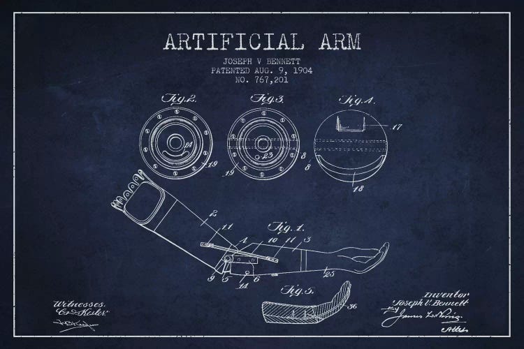 Artificial Arm Navy Blue Patent Blueprint by Aged Pixel wall art