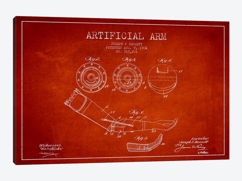 Artificial Arm Red Patent Blueprint by Aged Pixel 1-piece Canvas Art