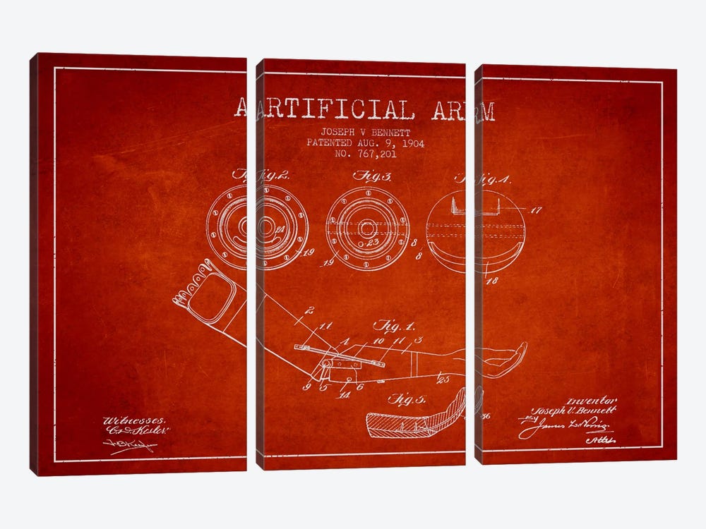 Artificial Arm Red Patent Blueprint by Aged Pixel 3-piece Canvas Wall Art