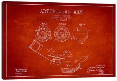Artificial Arm Red Patent Blueprint Canvas Art Print - Aged Pixel: Medical & Dental
