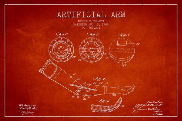 Medical & Dental Blueprints: Artificial Arm Red Patent Blueprint by Aged Pixel