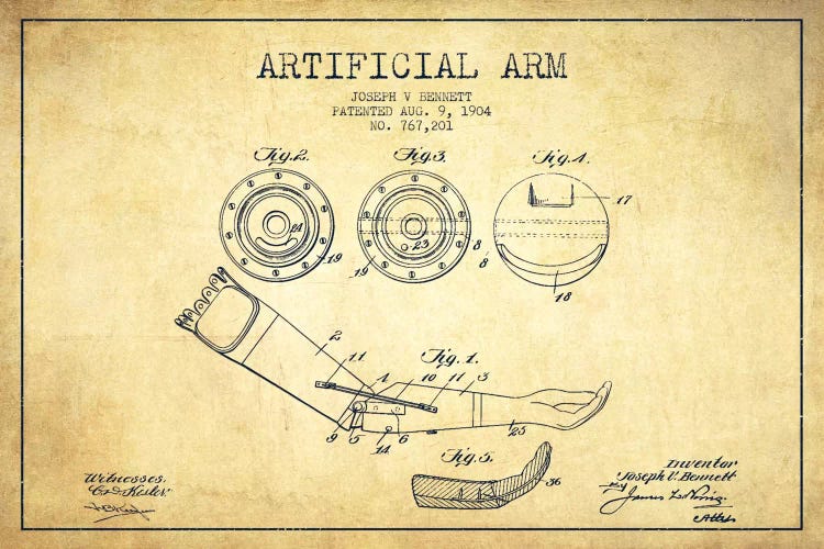 Artificial Arm Vintage Patent Blueprint by Aged Pixel wall art