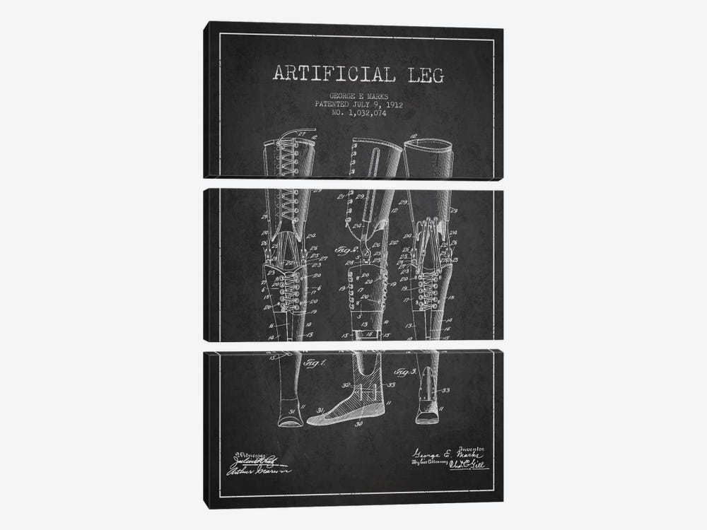 Artificial Leg Charcoal Patent Blueprint by Aged Pixel 3-piece Canvas Artwork