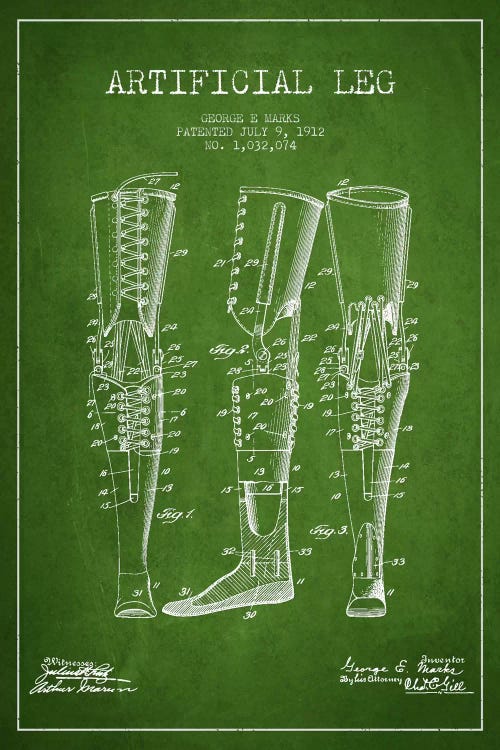 Artificial Leg Green Patent Blueprint by Aged Pixel wall art