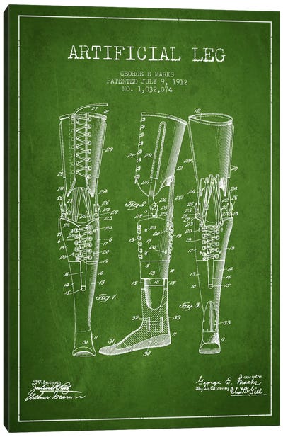 Artificial Leg Green Patent Blueprint Canvas Art Print - Aged Pixel: Medical & Dental