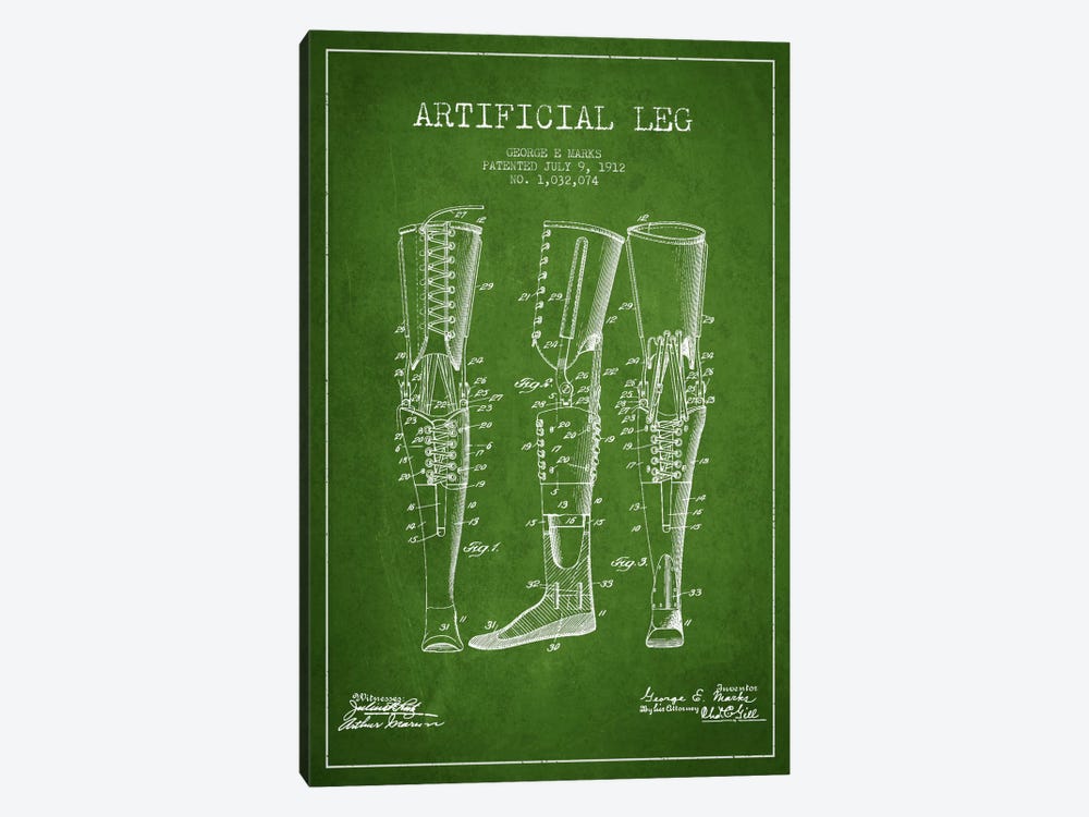 Artificial Leg Green Patent Blueprint by Aged Pixel 1-piece Canvas Print