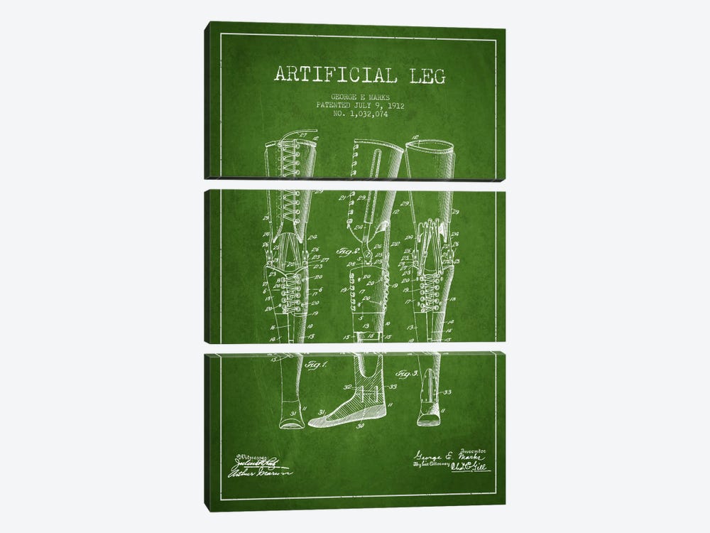 Artificial Leg Green Patent Blueprint by Aged Pixel 3-piece Art Print