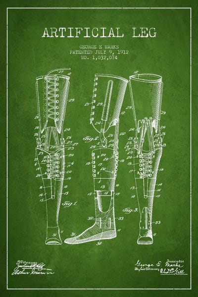 Medical & Dental Blueprints: Artificial Leg Green Patent Blueprint by Aged Pixel