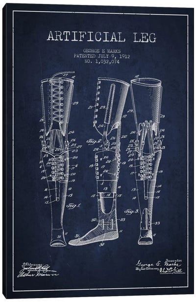 Artificial Leg Navy Blue Patent Blueprint Canvas Art Print - Medical & Dental Blueprints