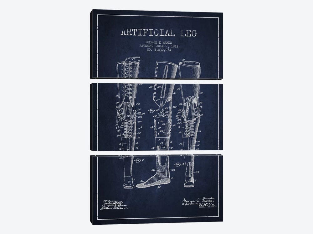 Artificial Leg Navy Blue Patent Blueprint by Aged Pixel 3-piece Canvas Artwork