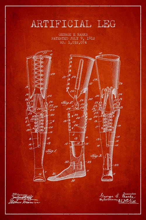 Artificial Leg Red Patent Blueprint by Aged Pixel wall art