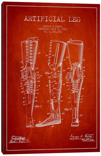 Artificial Leg Red Patent Blueprint Canvas Art Print - Medical & Dental Blueprints